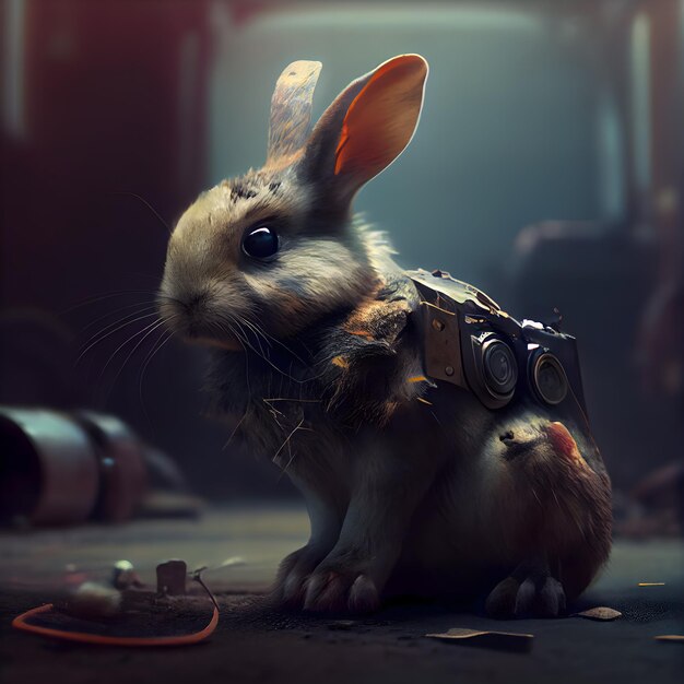 Rabbit with a camera in his hands 3D rendering