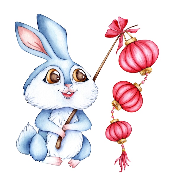 Rabbit with chinese lanterns watercolor