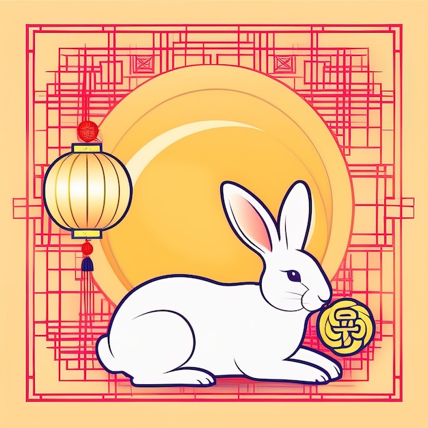 Foto un coniglio con sopra un simbolo cinese e una lanterna