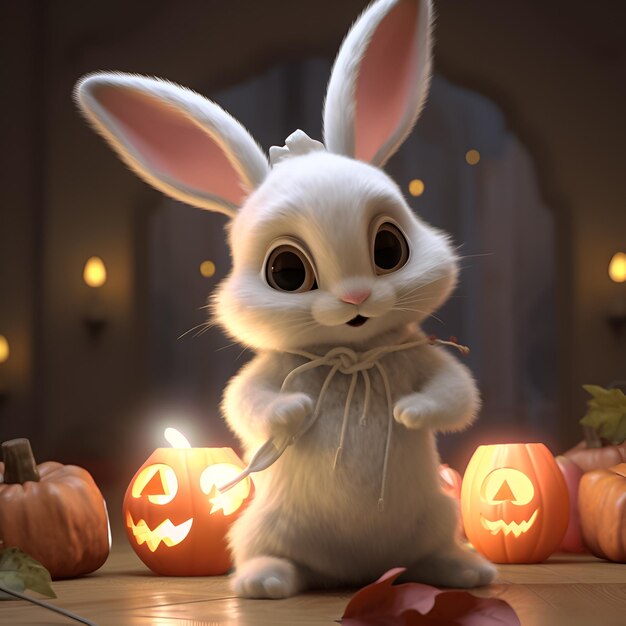 A rabbit with a crown on his head sits on a table with pumpkins and candles