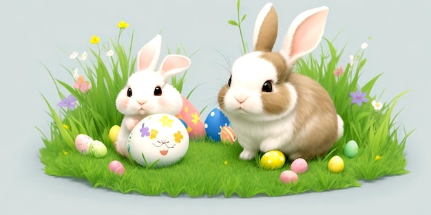 Кролик с пасхальным яйцом в траве