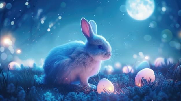 A rabbit with easter eggs sits in the grass under a full moon aige