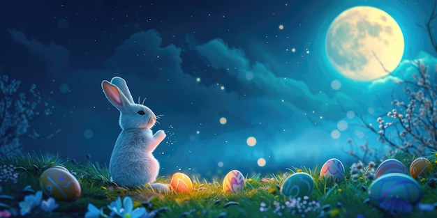 A rabbit with easter eggs sits in the grass under a full moon aige