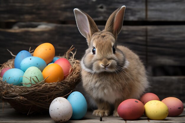 Rabbit with easter eggs on wooden wall