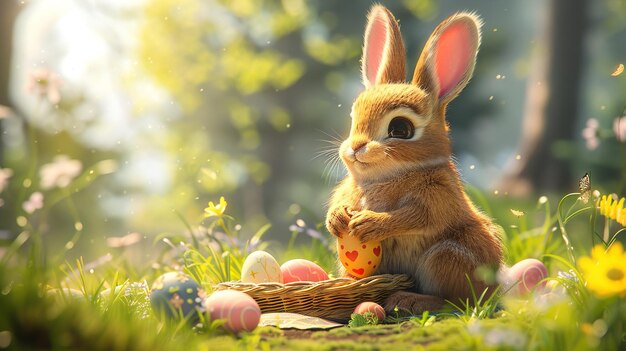 a rabbit with eggs in the grass and a bunny holding a easter egg