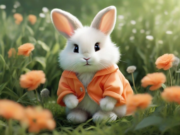 rabbit with flowers HD 8K wallpaper Stock Photographic Image