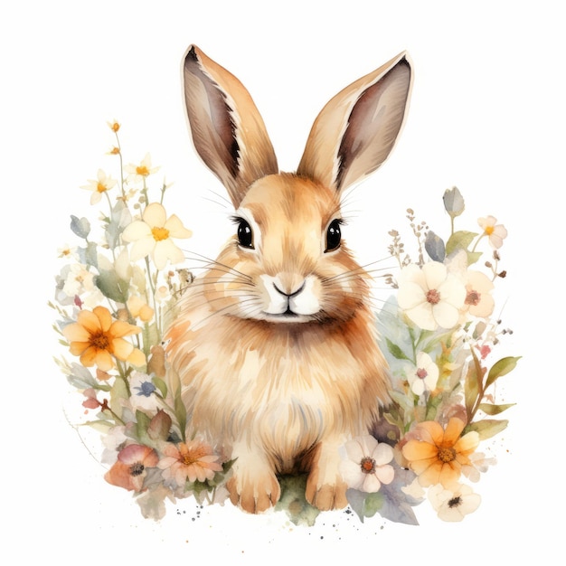 Rabbit with flowers watercolor illustration isolated on white background