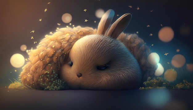 A rabbit with a fluffy blanket and a blue background with lights.