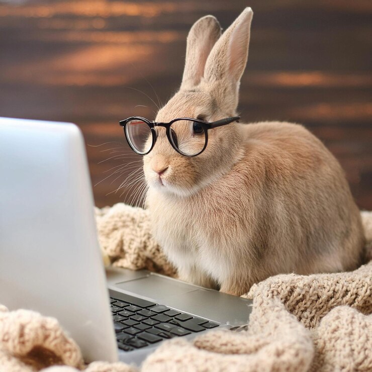 Photo a rabbit with glasses appears to be diligently working on a laptop illustrating a delightful fusion of nature and the digital world