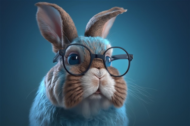 A rabbit with glasses and a blue background