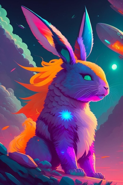 A rabbit with glowing eyes sits in a space with planets in the background.