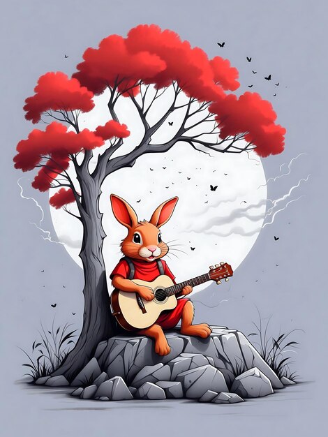 Photo rabbit with guitar sitting on the rock in the forest vector illustration