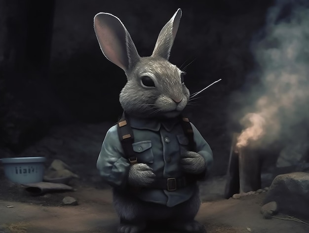 A rabbit with a gun on his shirt