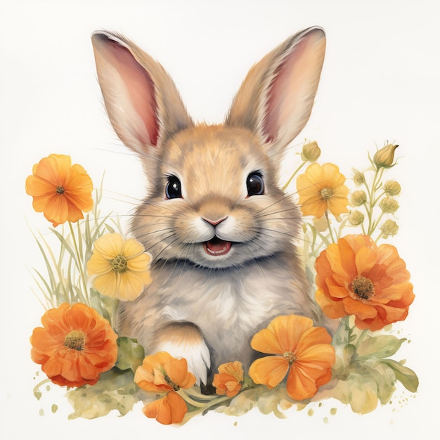 a rabbit with a happy face and orange flowers