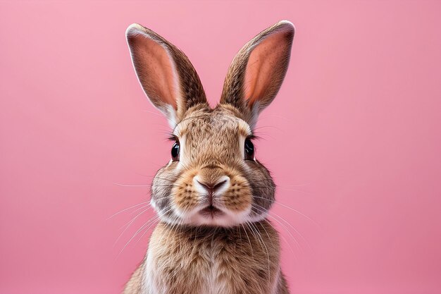 Photo a rabbit with his ears in the air against a pink background in the style of conceptual minimalism bioart generative ai