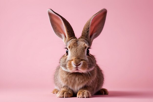 Photo a rabbit with his ears in the air against a pink background in the style of conceptual minimalism bioart generative ai