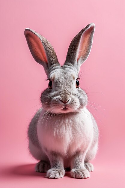 Photo a rabbit with his ears in the air against a pink background in the style of conceptual minimalism bioart generative ai