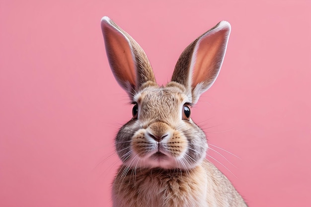 Photo a rabbit with his ears in the air against a pink background in the style of conceptual minimalism bioart generative ai