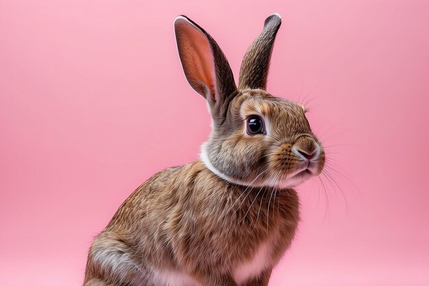 Photo a rabbit with his ears in the air against a pink background in the style of conceptual minimalism bioart generative ai