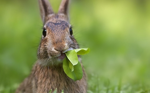 Photo a rabbit with a leaf in its mouth and a leaf in its mouth