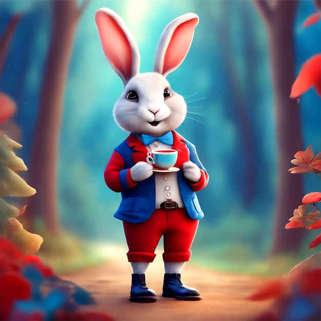 A Rabbit With A Long And Thin Body Holding A Teacup In His Hand The Background Is The Forest