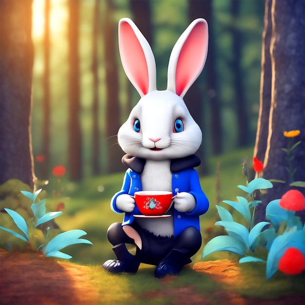 A Rabbit With A Long And Thin Body Holding A Teacup In His Hand The Background Is The Forest