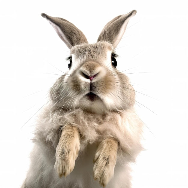 A rabbit with long whiskers and a white face.