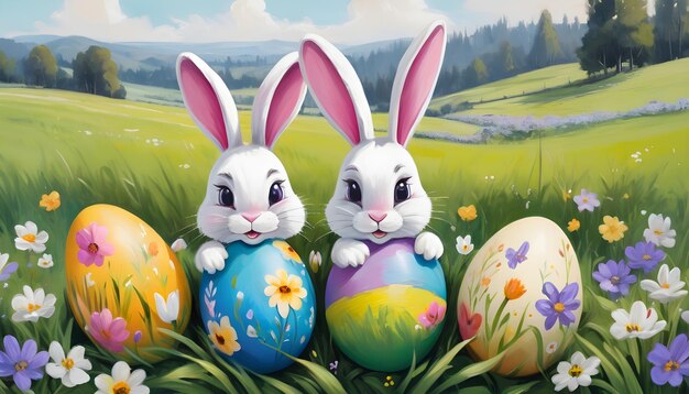 Фото Кролик с большим количеством пасхальных яиц на траве праздничный фон масляной живописи