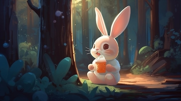맥주 머그잔을 든 토끼가 숲 속에 앉아 있다.