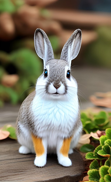 A rabbit with orange feet sits on a wooden table in a garden.