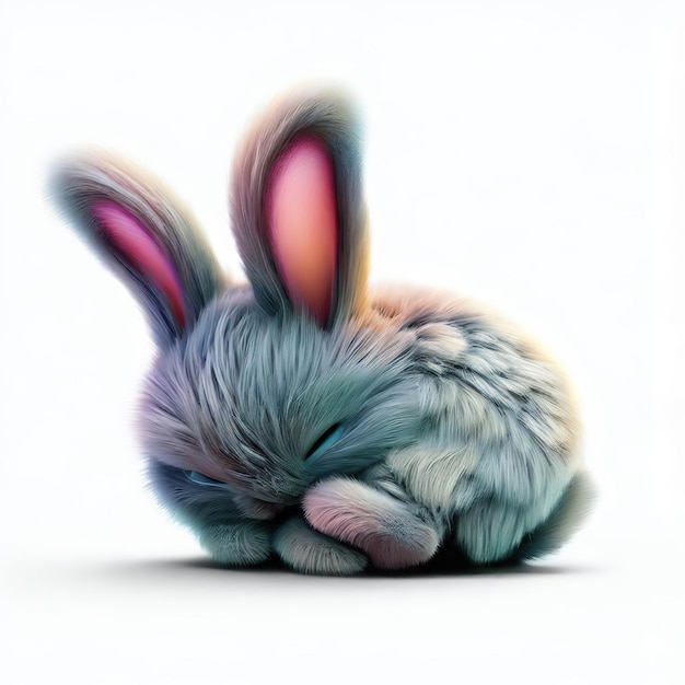 A rabbit with a pink ear is sleeping on a white background.