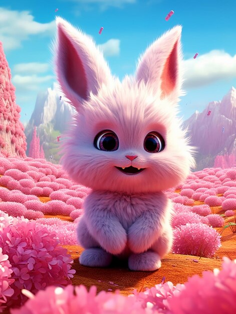 A rabbit with pink eyes sits on a pink background.