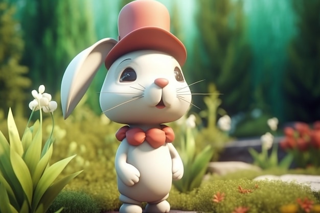 A rabbit with a pink hat stands in a forest.