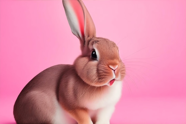 Кролик с розовым языком сидит на коричневом фоне, сгенерированном Ай