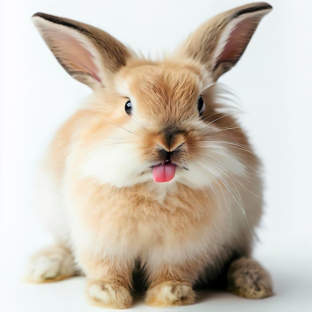 A rabbit with a pink tongue is sitting on a white background