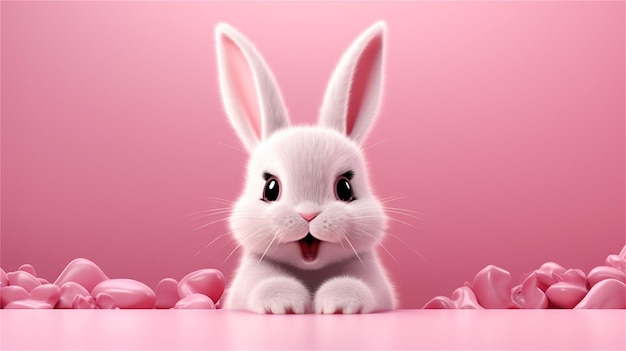 A rabbit with a pink tongue sticking out of its mouth.