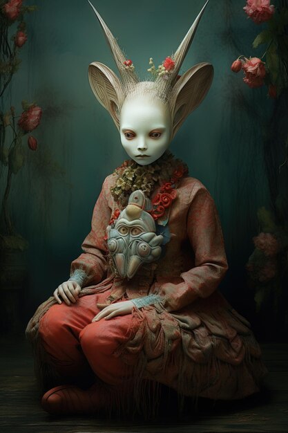 кролик с кроликом в красном платье сидит на столе