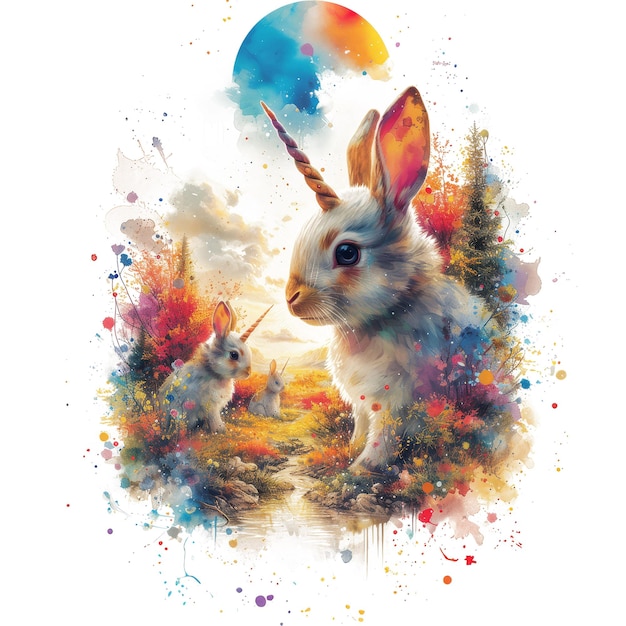 Foto un coniglio con un arcobaleno sulla faccia è dipinto con i colori dell'arcobaleno