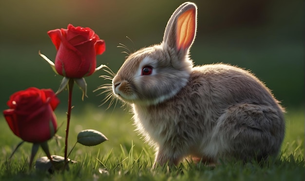 a rabbit with a rose flower on a green lawn