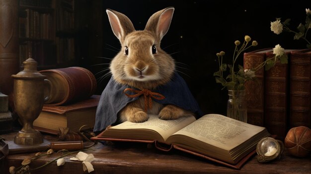 A Rabbit With Small Book As If Studying Ar Background