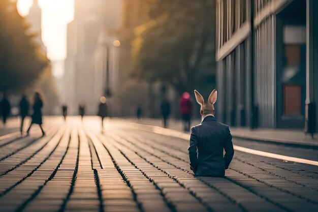 A rabbit with a suit on sitting on a sidewalk