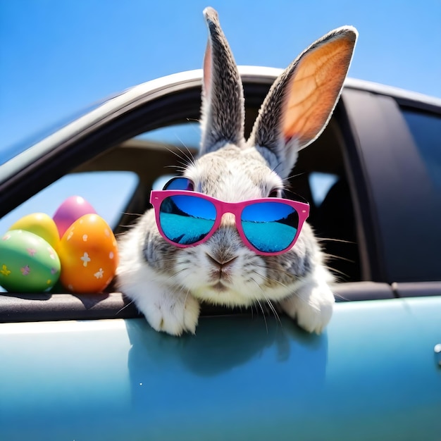 Photo a rabbit with sunglasses looking out of a car window with colorful easter eggs