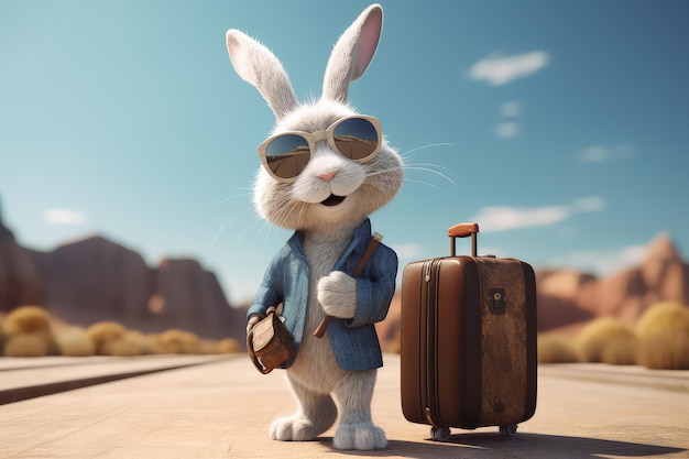 A rabbit with sunglasses and a suitcase stands in front of a blue sky