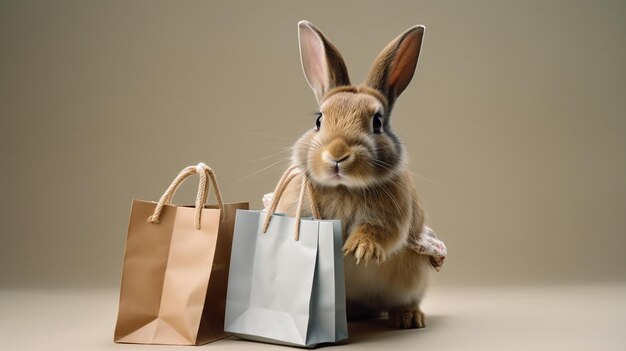 Photo a rabbit with tiny shopping bag as if at wallpaper