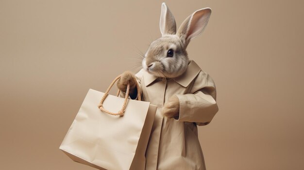 Photo a rabbit with tiny shopping bag as if at wallpaper