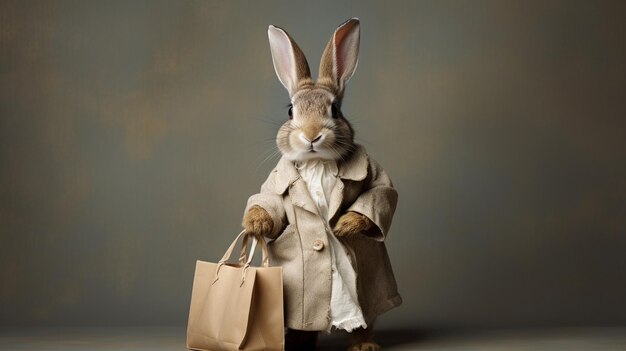 Photo a rabbit with tiny shopping bag as if at wallpaper