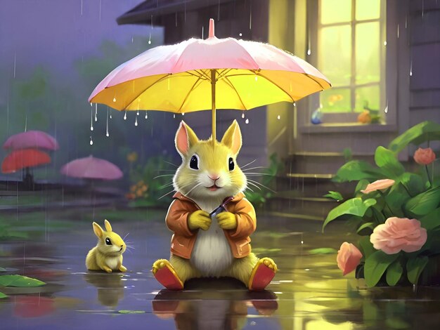 a rabbit with an umbrella and a bunny in a raincoat sits in a puddle