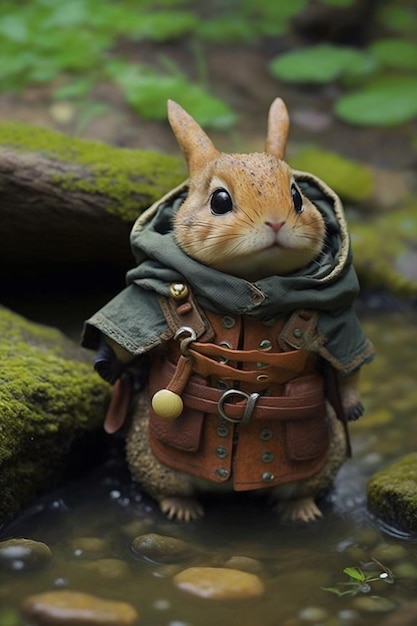 A rabbit with a vest and a vest that says'the last guardian '