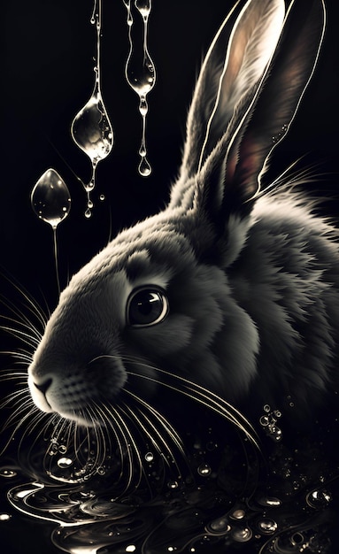 A rabbit with water drops on its face