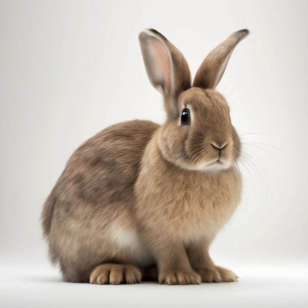 A rabbit with a white face and brown ears is sitting on a white background.